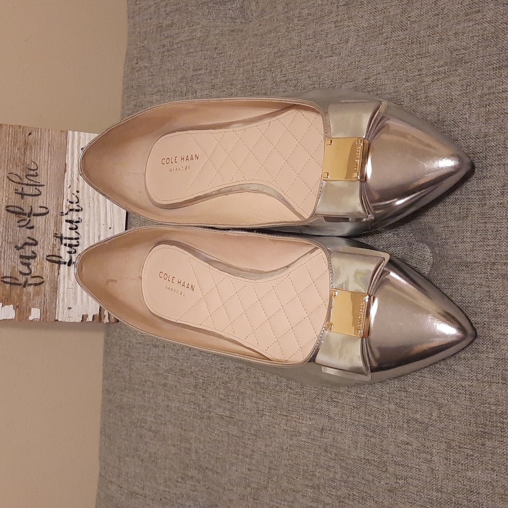 NWOT Cole Haan silver slides with bow
